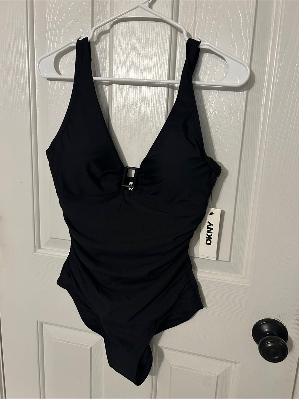 NWT DKNY Black V-Neck One-Piece Swimsuit with Center Hardware